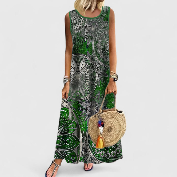 Fenne - Sleeveless Print Tummy Covering Maxi Dress