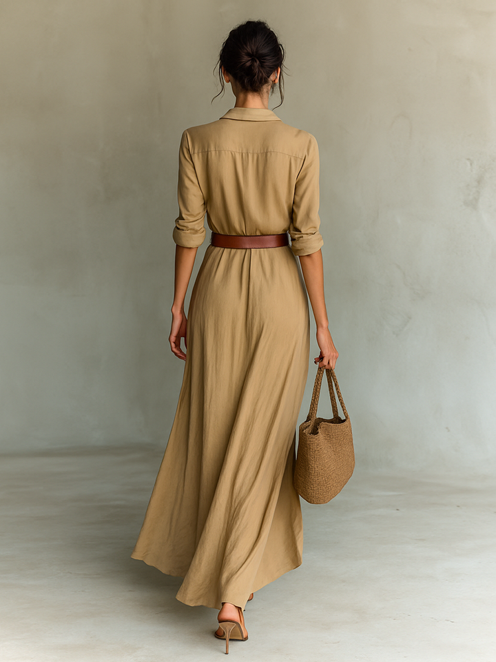 Lindsey - Long Maxi Dress with Notched Collar and Included Belt