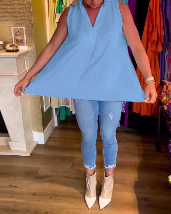 Jodie - Sleeveless Top with Ruffles and Lapels