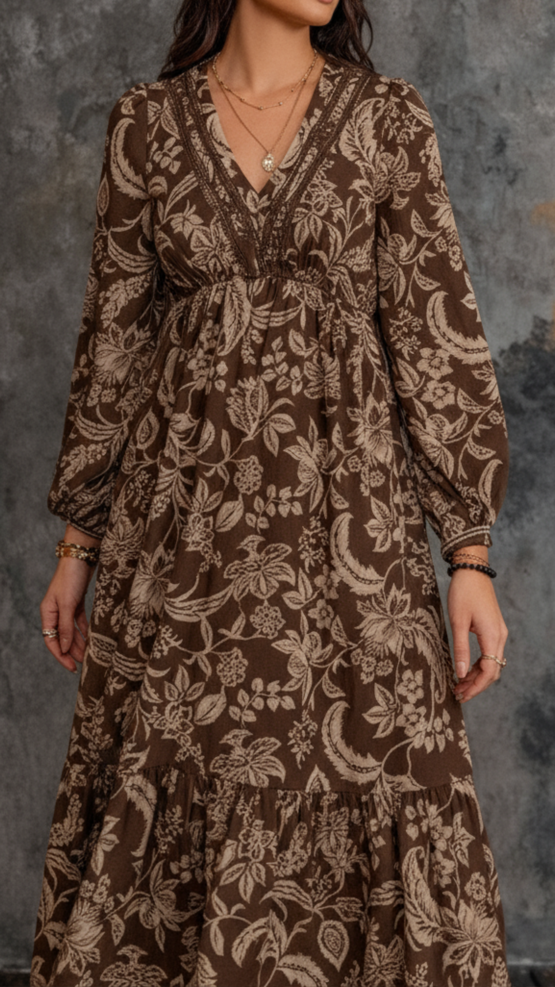 Alicia | Bohemian dress with floral lace V-neck