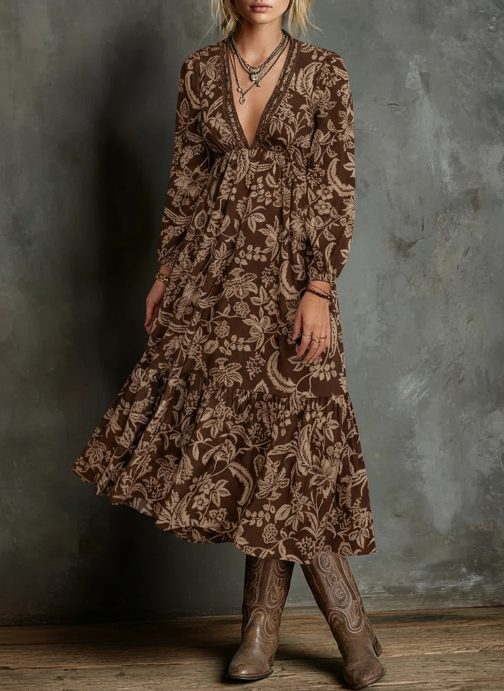 Alicia | Bohemian dress with floral lace V-neck